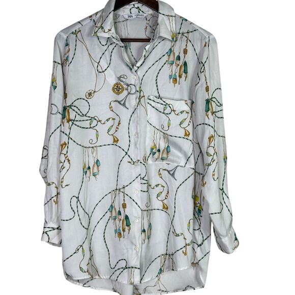 ZARA 90s Vintage Style Nautical Chain Print Silk Feel Blouse Button Up M White - Picture 1 of 14